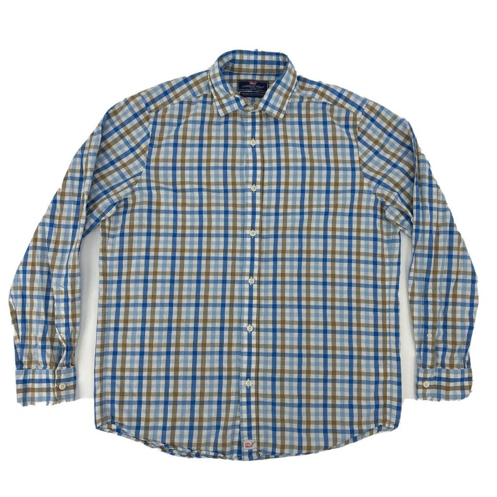 Vineyard Vines Cooper Shirt Men's S Long Sleeve Button Up Blue White Tan Gingham
